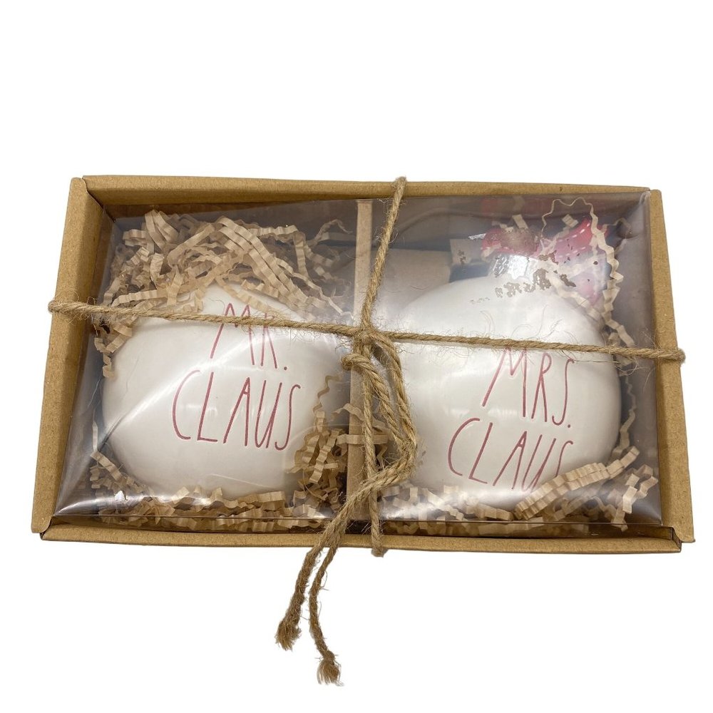 Rae Dunn Mr & Mrs Claus ceramic ornament set white red large heavy Magenta